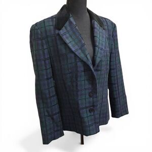 Pendleton Women Plaid Blue Green Wool Blend Blazer Jacket Coat Velvet Size 12